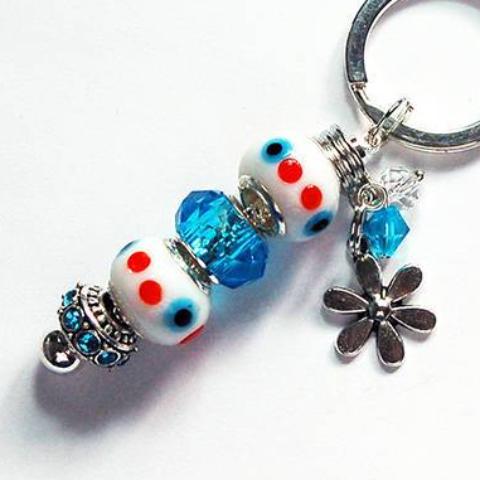 Flower Dotted Lampwork Bead Keychain in Blue & Red - Kelly's Handmade