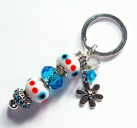 Flower Dotted Lampwork Bead Keychain in Blue & Red - Kelly's Handmade