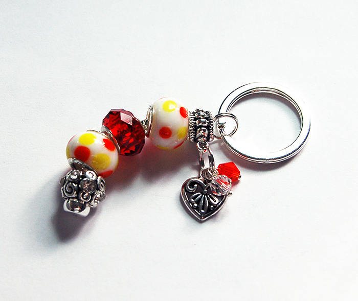 Heart Polka Dot Lampwork Bead Keychain in Red & Yellow - Kelly's Handmade