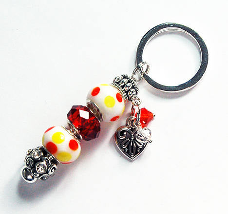 Heart Polka Dot Lampwork Bead Keychain in Red & Yellow - Kelly's Handmade