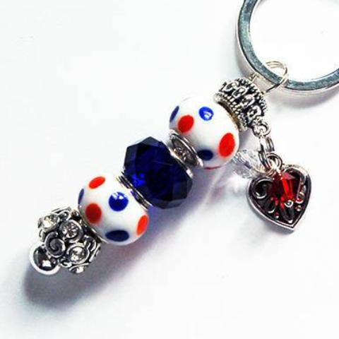 Heart Polka Dot Lampwork Bead Keychain in Blue & Red - Kelly's Handmade