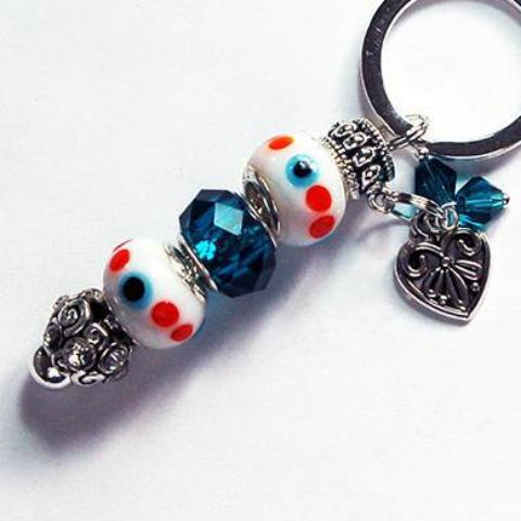 Heart Dotted Lampwork Bead Keychain in Teal Blue & White - Kelly's Handmade