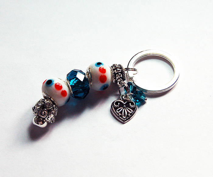 Heart Dotted Lampwork Bead Keychain in Teal Blue & White - Kelly's Handmade