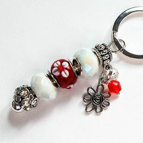 Flower Lampwork Bead Keychain in Red & White - Kelly's Handmade