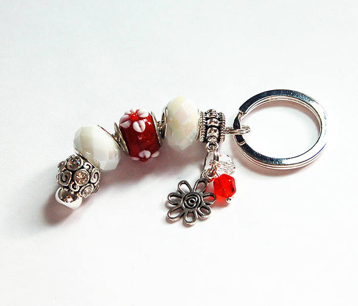 Flower Lampwork Bead Keychain in Red & White - Kelly's Handmade