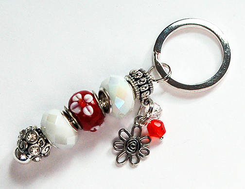 Flower Lampwork Bead Keychain in Red & White - Kelly's Handmade