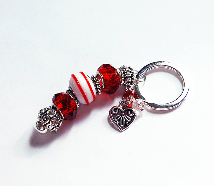 Heart Lampwork Bead Keychain in Red & White - Kelly's Handmade