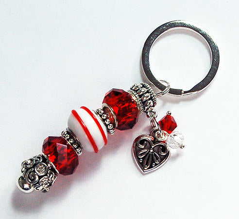 Heart Lampwork Bead Keychain in Red & White - Kelly's Handmade