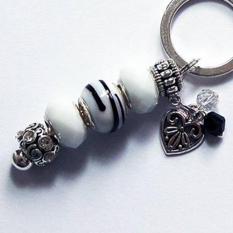 Heart Lampwork Bead Keychain in White & Black - Kelly's Handmade