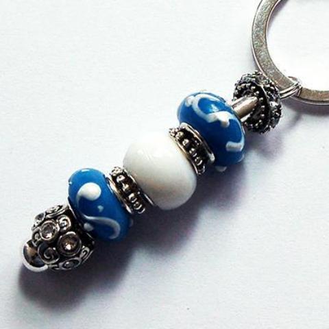 Rhinestone Lampwork Bead Keychain in Blue & White - Kelly's Handmade