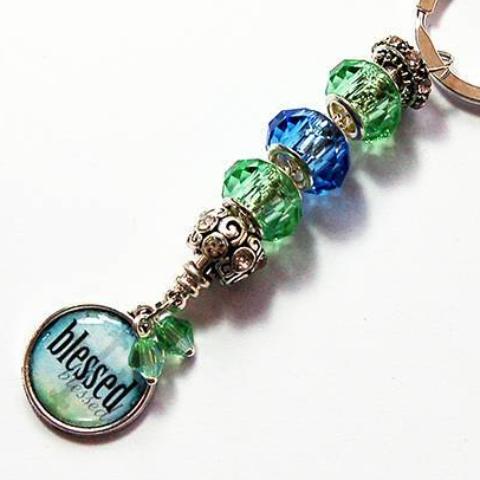 Blessed Bead Keychain in Green & Blue - Kelly's Handmade