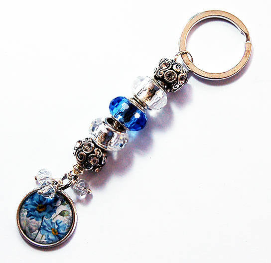 Flower Bead keychain in Blue & Silver - Kelly's Handmade