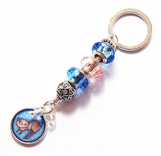 Cat Bead Keychain in Blue & Pink - Kelly's Handmade