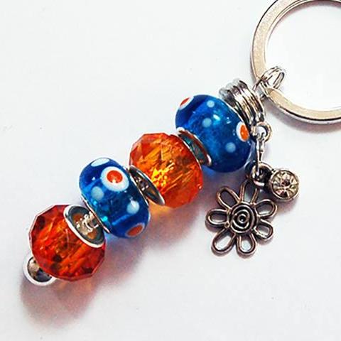 Flower Lampwork Bead Keychain in Blue & Orange - Kelly's Handmade