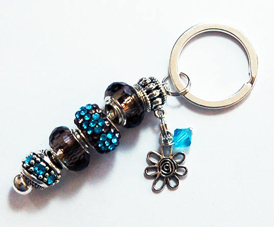 Flower Rhinestone Bead Keychain in Brown & Blue - Kelly's Handmade
