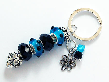 Flower Lampwork Bead Keychain in Blue & Black - Kelly's Handmade