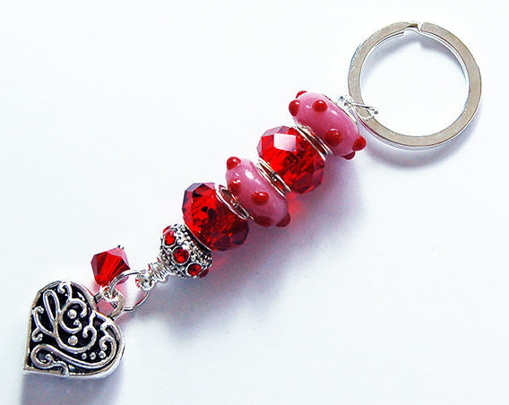 Ornate Heart Lampwork Bead Keychain in Red & Pink - Kelly's Handmade
