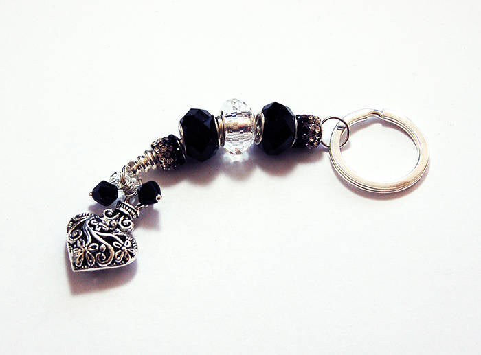 Ornate Heart Rhinestone & Bead Keychain in Black & Silver - Kelly's Handmade