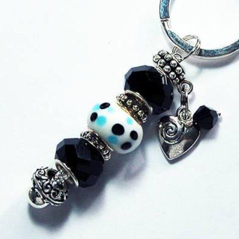 Heart Dotted Lampwork Bead Keychain in Black & White - Kelly's Handmade