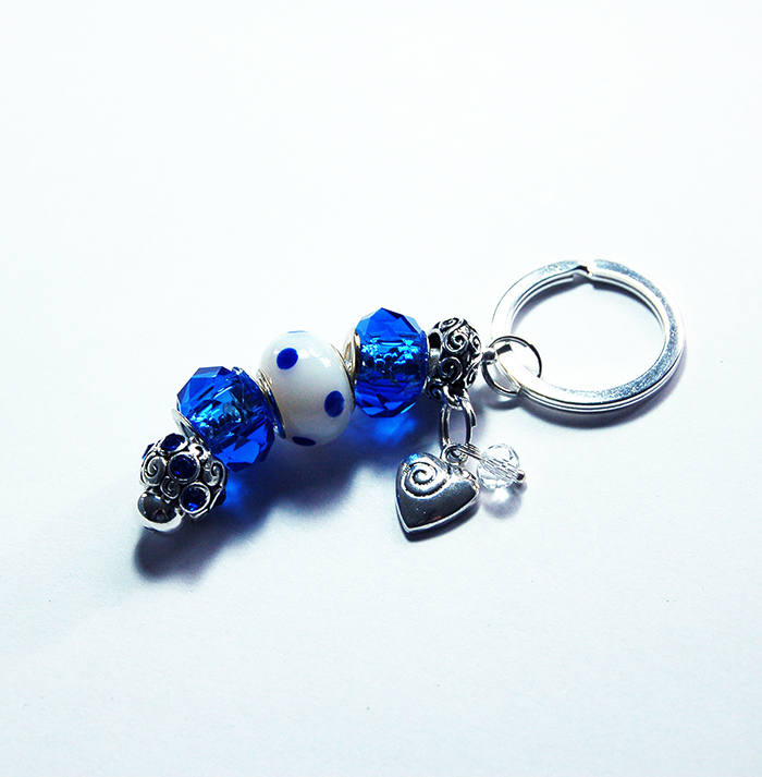 Heart Lampwork Polka Dot Bead Keychain in Blue - Kelly's Handmade