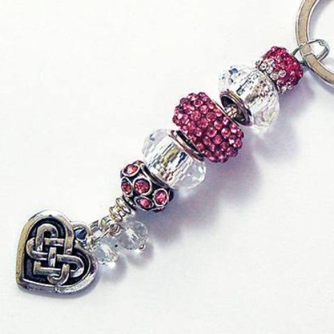 Irish Knot Heart Rhinestone Bead Keychain in Pink - Kelly's Handmade