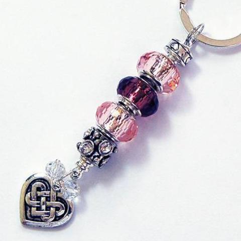 Irish Knot Heart Bead Keychain in Pink & Rosy Brown - Kelly's Handmade