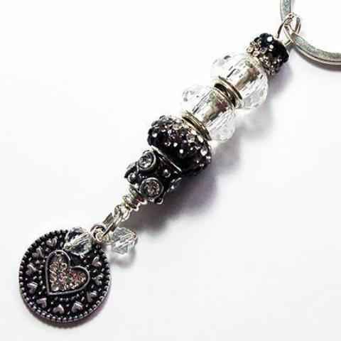 Rhinestone Heart Bead Keychain in Black & Gray - Kelly's Handmade