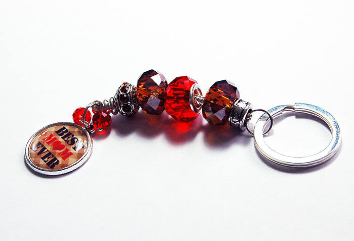 Best Mom Ever Bead Keychain in Red & Brown - Kelly's Handmade