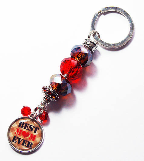 Best Mom Ever Bead Keychain in Red & Brown - Kelly's Handmade