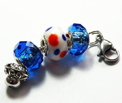 Polka Dot Bead Zipper Charm in Blue White & Red - Kelly's Handmade