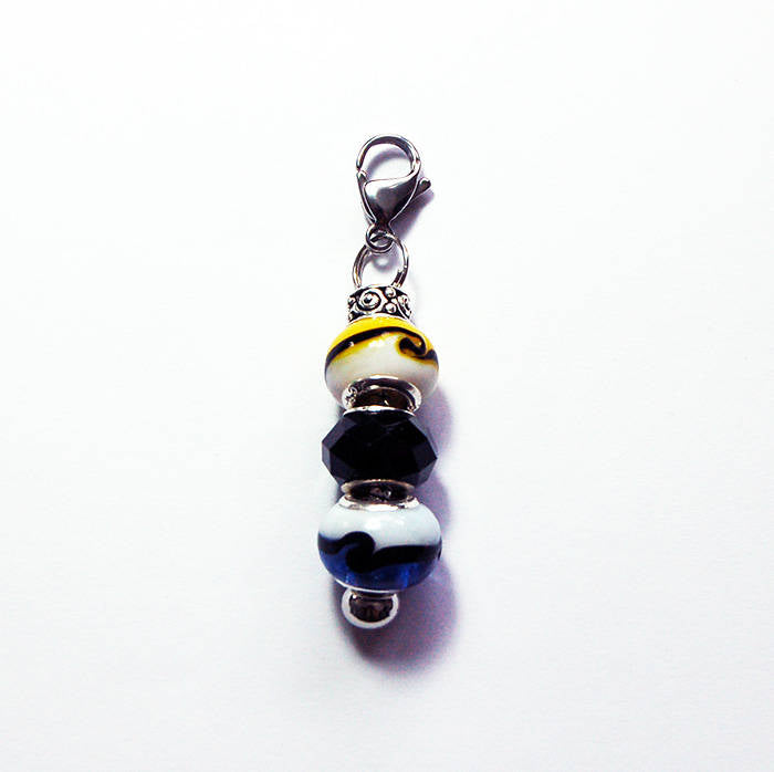 Lampwork Bead Zipper Pull in Black Blue Yellow & White - Kelly's Handmade