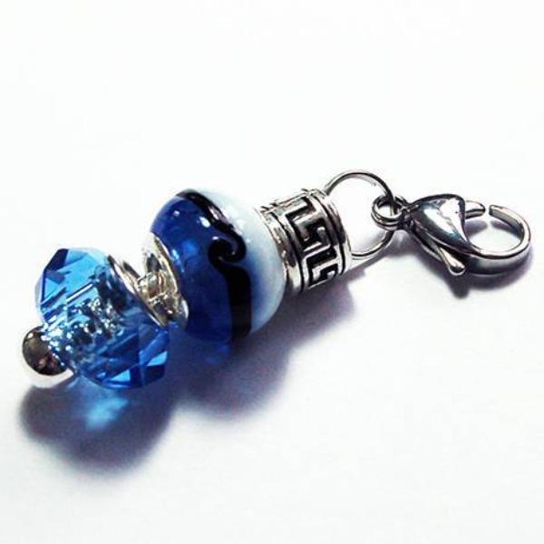 Lampwork Bead Zipper Pull in Blue & White - Kelly's Handmade