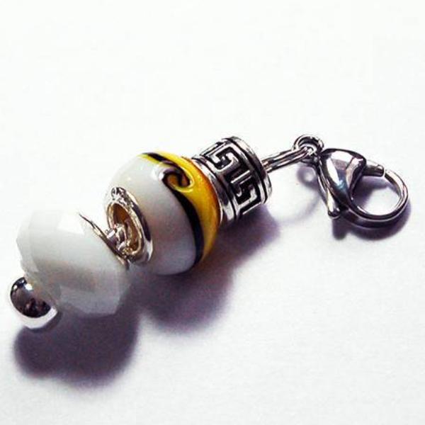 Lampwork Bead Zipper Pull in White & Yellow - Kelly's Handmade