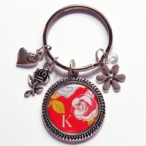 Floral Monogram Keychain in Red - Kelly's Handmade