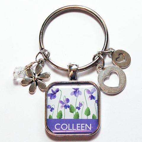 Floral Personalized Keychain in Purple & White - Kelly's Handmade