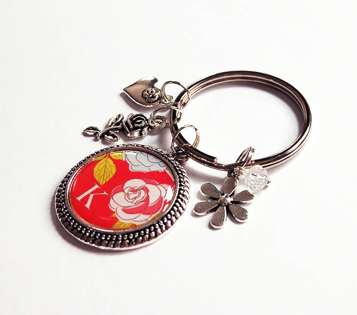 Floral Monogram Keychain in Red - Kelly's Handmade