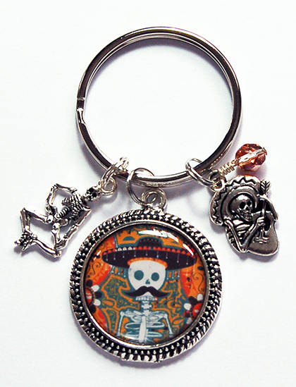 Día de Muertos Keychain in Orange & Silver - Kelly's Handmade