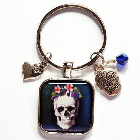 Skull With Flowers Keychain in Navy Blue - Kelly's Handmade