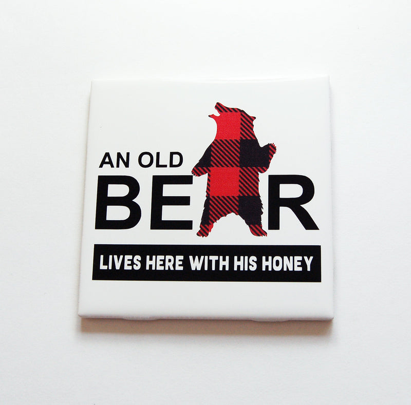 An Old Bear Lives Here Sign In Black & Red - Kelly's Handmade