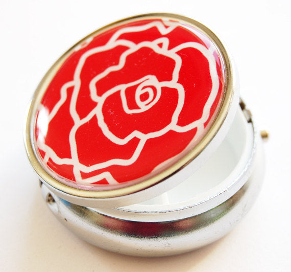 Rose Flower Round Pill Case in Red & White - Kelly's Handmade