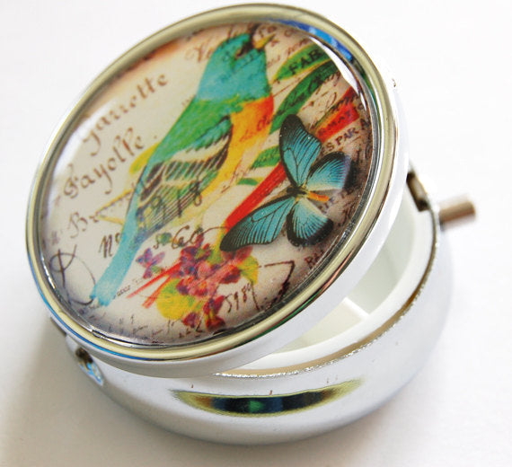 Bird & Flowers Round Pill Case - Kelly's Handmade