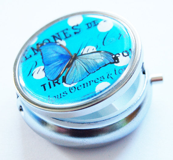 Butterfly Round Pill Case in Blue Polka Dot - Kelly's Handmade