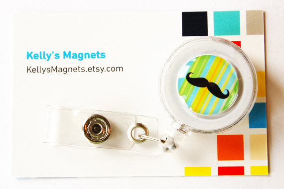 Mustache Badge Reel in Green - Kelly's Handmade