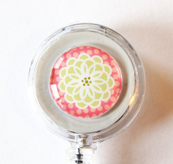 Flower ID Badge Reel in Pink & Green - Kelly's Handmade