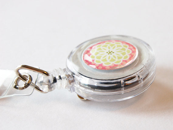 Flower ID Badge Reel in Pink & Green - Kelly's Handmade