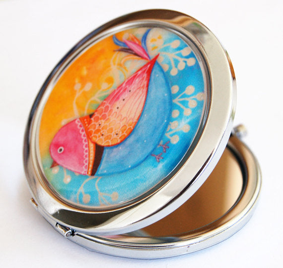Bird Compact Mirror in Blue Pink & Yellow - Kelly's Handmade
