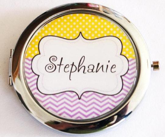 Chevron Dots Personalized Compact Mirror in Yellow & Purple - Kelly's Handmade