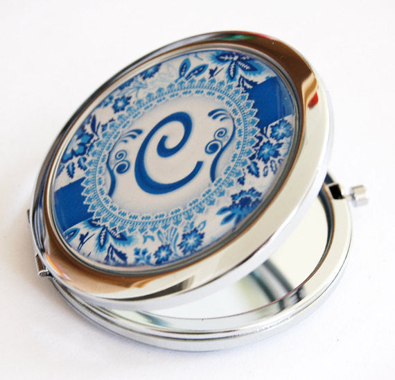 Floral Monogram Compact Mirror in Blue - Kelly's Handmade