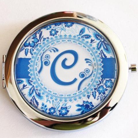 Floral Monogram Compact Mirror in Blue - Kelly's Handmade