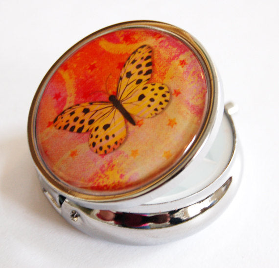 Butterfly Round Pill Case in Orange Pink & Yellow - Kelly's Handmade